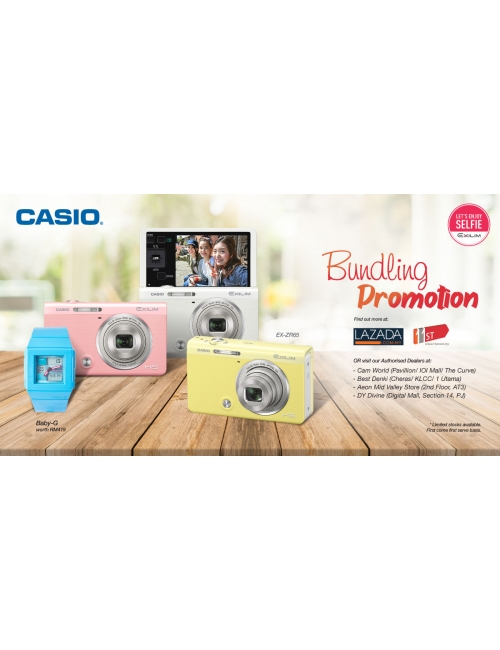 CASIO EXILIM CAMERA-Get your own BBG Watch (worth RM 419) when you purchase 1 unit of Casio EX-ZR65.
Checkout the special promotion of Casio EX-ZR65 now at CamWorld, Best Denki & DY Divine!
We are now in Casio Exilim Official Store of Lazada and 11street too!