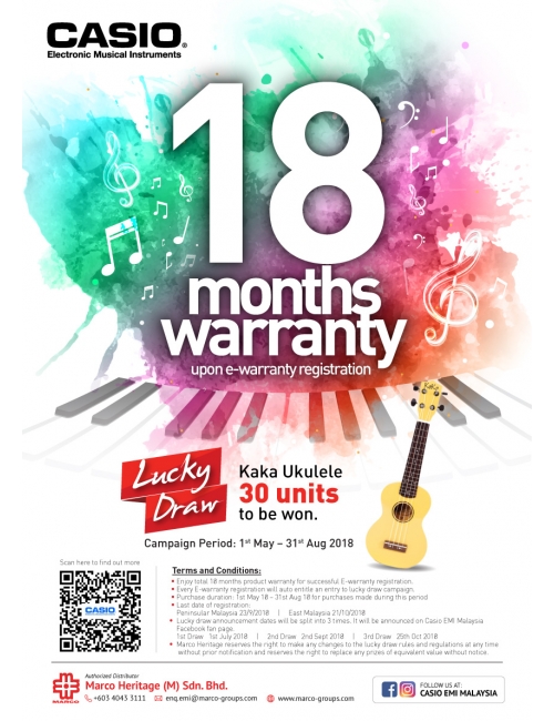 Casio Musical Instruments-Enjoy 18 months warranty upon E-warranty registration!
Lucky draw Kaka Ukulele x 30 units to be won!
