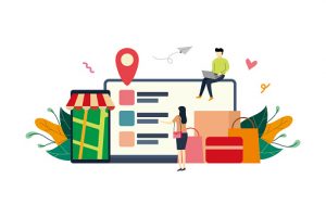 Online shopping, e-commerce market flat illustration with small people concept vector template, suitable for background, advertising illustration